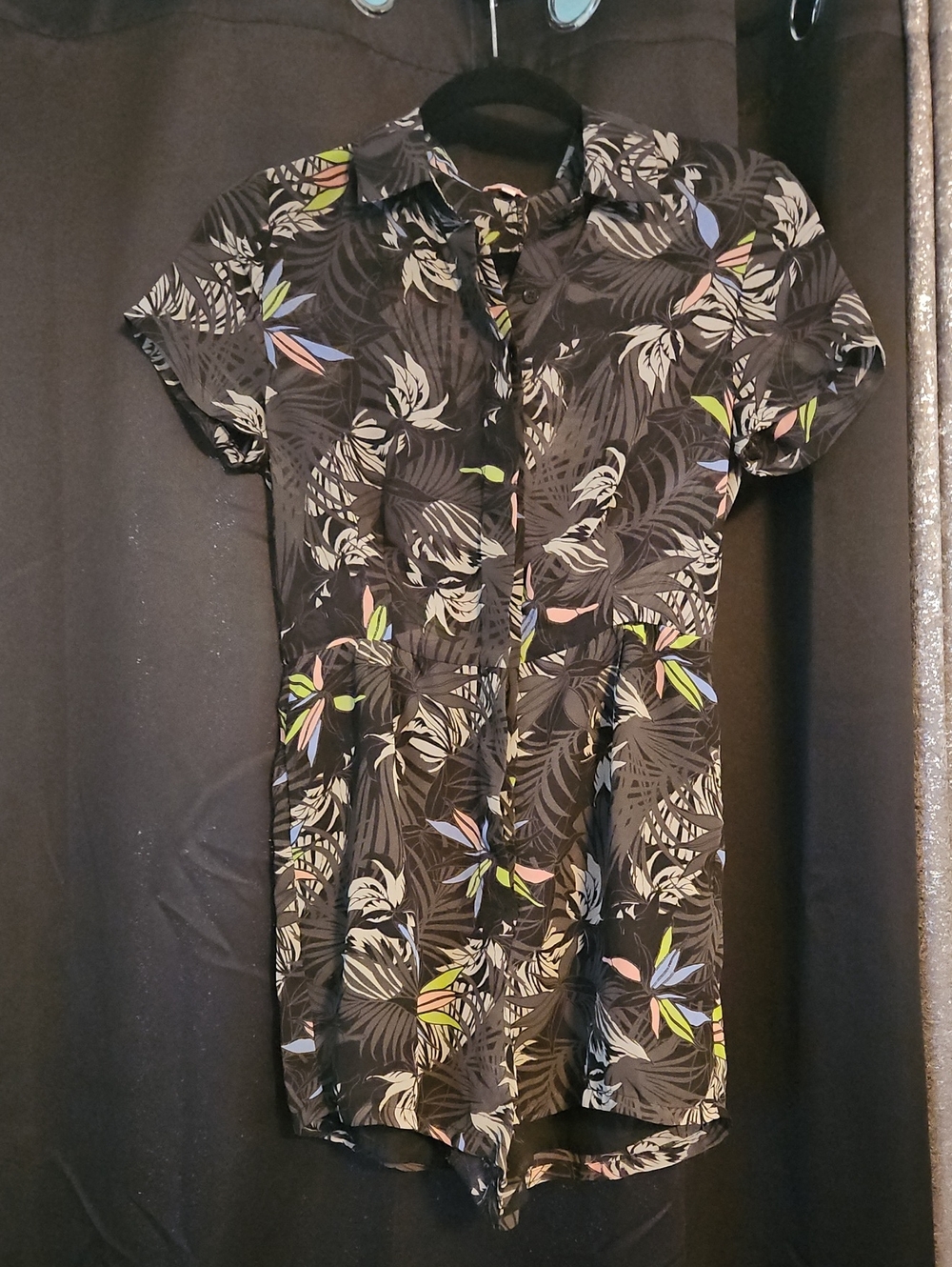 re:named Black Short-Sleeve Button-Down Shirt with Tropical Leaf Print